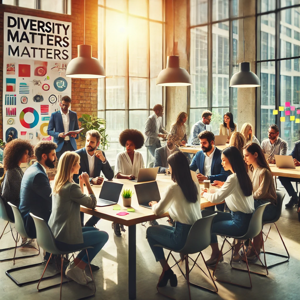 A diverse and inclusive workplace with employees collaborating in a modern office environment.