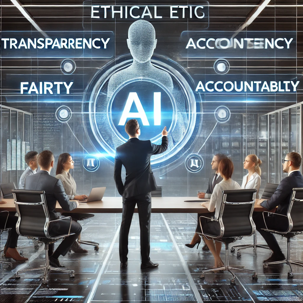 A futuristic office setting with a diverse team discussing ethical AI, highlighting transparency, fairness, and accountability in AI systems.