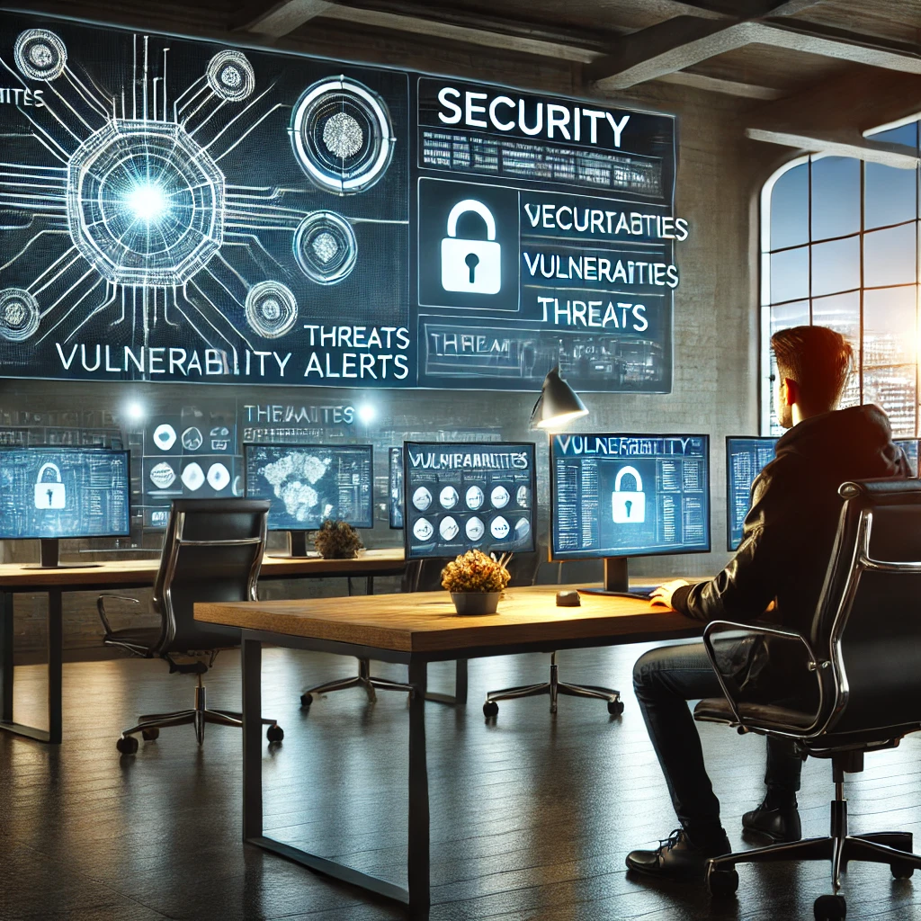 A cybersecurity professional in a modern office monitoring multiple screens displaying network maps and vulnerability alerts.